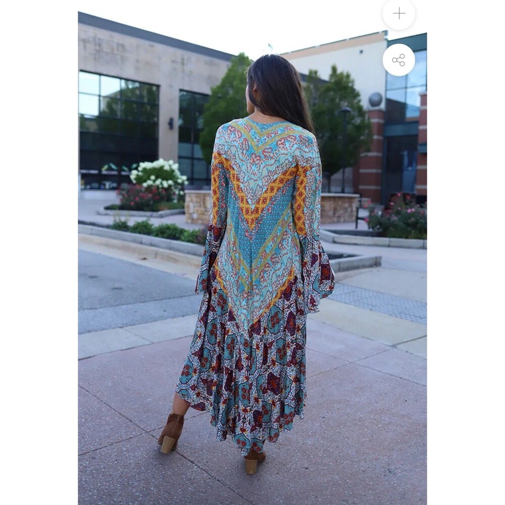 Umgee Teal Multicolor Boho Print Maxi Kimono